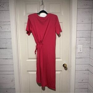 Badgley Mischka Coral Pink Short Sleeve Knot-Detail Midi Dress